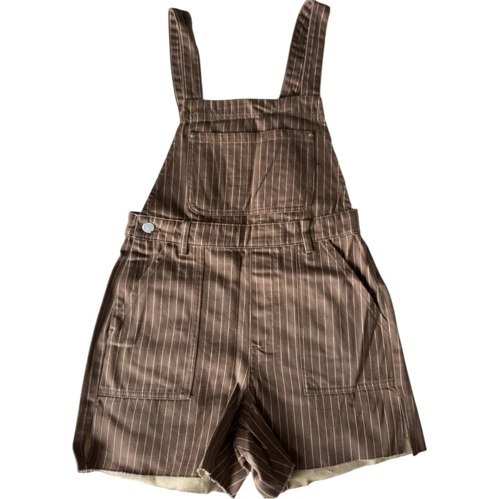 WEWOREWHAT Slit Overall Shorts Romper Pinstripe Brown Raw Hem Size M NWT - Picture 3 of 7